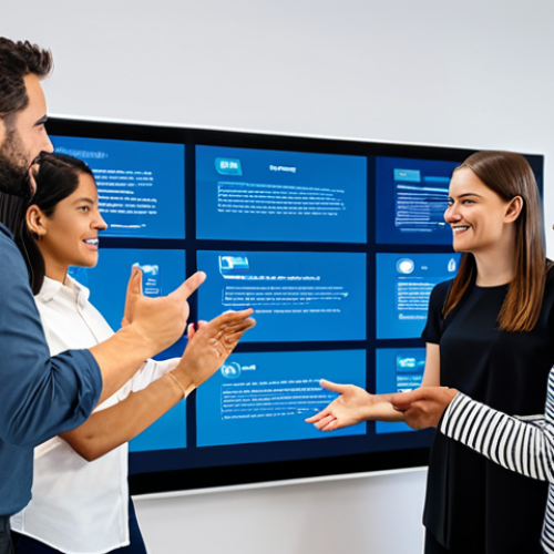 Home 6 A diverse group of adults of varying ethnicities, professionally dressed in modest clothing, gathered around a large interactive digital display, actively collaborating and sharing ideas. Their hands are gesturing towards the screen, illustrating teamwork and problem-solving. The background is a bright, modern, collaborative office space with abstract digital connections flowing between individuals, symbolizing collective intelligence. The atmosphere is positive and focused. fully clothed, appropriate attire, safe for work, professional, perfect anatomy, correct proportions, natural pose, well-formed hands, proper finger count, natural body proportions, high quality photography.