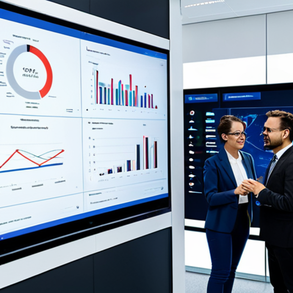 A diverse group of professionals, fully clothed in modern, modest business attire, are actively collaborating around a large interactive digital display in a futuristic, clean-lined office environment. One person points at a complex data visualization on the screen, while others engage in discussion and use tablets. AI interfaces are subtly integrated into the technology, emphasizing seamless human-AI collaboration for problem-solving and innovation. Professional photography, high detail, natural lighting. safe for work, appropriate content, perfect anatomy, correct proportions, well-formed hands, proper finger count, natural pose, natural body proportions, family-friendly.