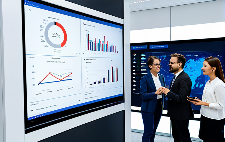 A diverse group of professionals, fully clothed in modern, modest business attire, are actively collaborating around a large interactive digital display in a futuristic, clean-lined office environment. One person points at a complex data visualization on the screen, while others engage in discussion and use tablets. AI interfaces are subtly integrated into the technology, emphasizing seamless human-AI collaboration for problem-solving and innovation. Professional photography, high detail, natural lighting. safe for work, appropriate content, perfect anatomy, correct proportions, well-formed hands, proper finger count, natural pose, natural body proportions, family-friendly.