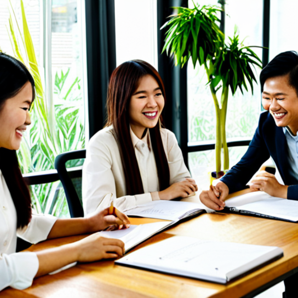 Collaborative Workspace**

"A group of Vietnamese professionals, fully clothed in modest office attire, brainstorming ideas around a table in a bright, modern co-working space filled with plants. Sunlight streaming through large windows. Each person is contributing, smiling, and engaged. safe for work, appropriate content, perfect anatomy, natural proportions, well-formed hands, proper finger count, professional environment, family-friendly."

**