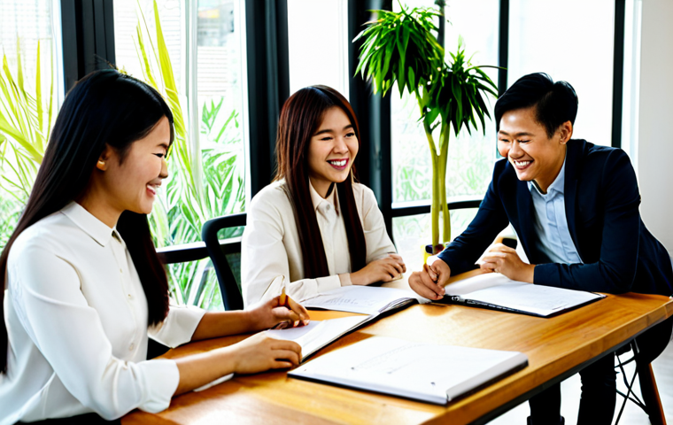 Collaborative Workspace**

"A group of Vietnamese professionals, fully clothed in modest office attire, brainstorming ideas around a table in a bright, modern co-working space filled with plants. Sunlight streaming through large windows. Each person is contributing, smiling, and engaged. safe for work, appropriate content, perfect anatomy, natural proportions, well-formed hands, proper finger count, professional environment, family-friendly."

**