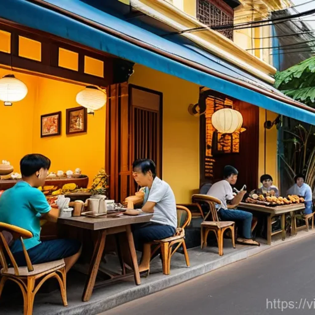 집단지성과 네트워크 효과 - A bustling and charming street-side café in Ho Chi Minh City, Vietnam, during a sunny afternoon. The...