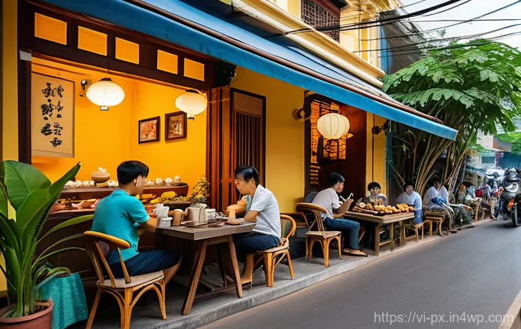 집단지성과 네트워크 효과 - A bustling and charming street-side café in Ho Chi Minh City, Vietnam, during a sunny afternoon. The...