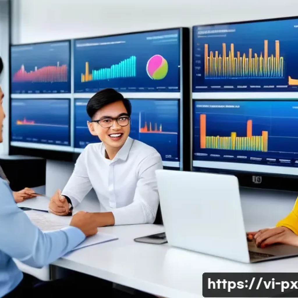 집단지성과 데이터 분석의 만남 - A diverse group of Vietnamese professionals in a modern office environment collaboratively analyzing...