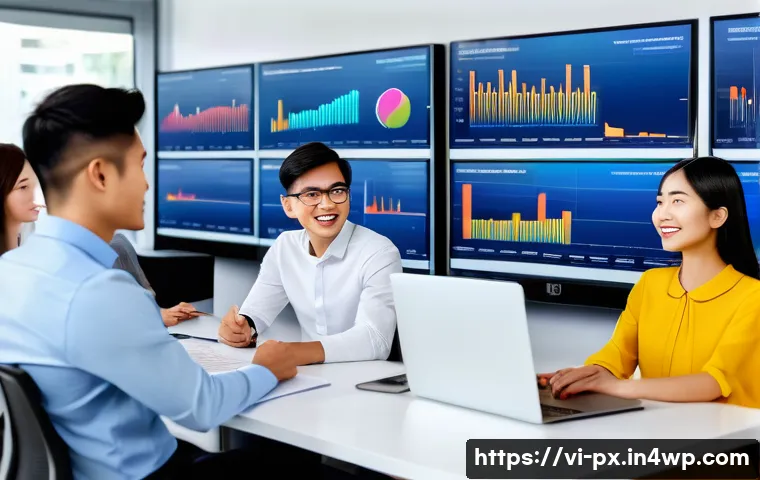 집단지성과 데이터 분석의 만남 - A diverse group of Vietnamese professionals in a modern office environment collaboratively analyzing...