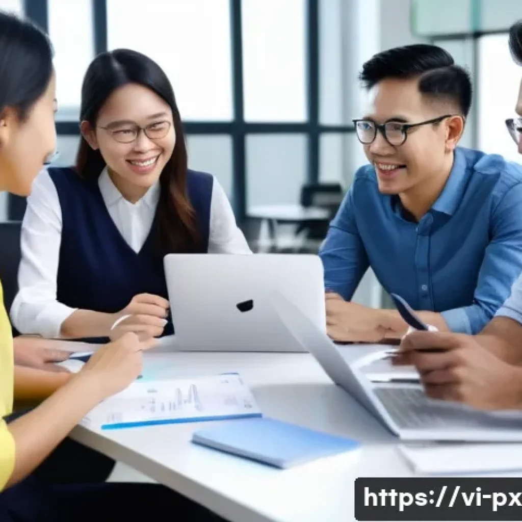 집단지성을 통한 인재 발굴 방법 - A diverse group of Vietnamese professionals in a modern office environment collaboratively evaluatin...