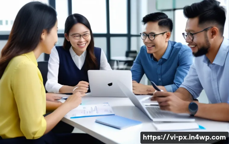 집단지성을 통한 인재 발굴 방법 - A diverse group of Vietnamese professionals in a modern office environment collaboratively evaluatin...