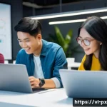 집단지성 플랫폼의 최신 트렌드 - A diverse group of Vietnamese professionals collaborating in a modern co-working space, sharing idea...