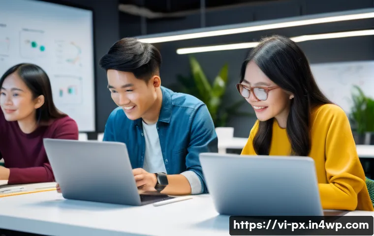 집단지성 플랫폼의 최신 트렌드 - A diverse group of Vietnamese professionals collaborating in a modern co-working space, sharing idea...