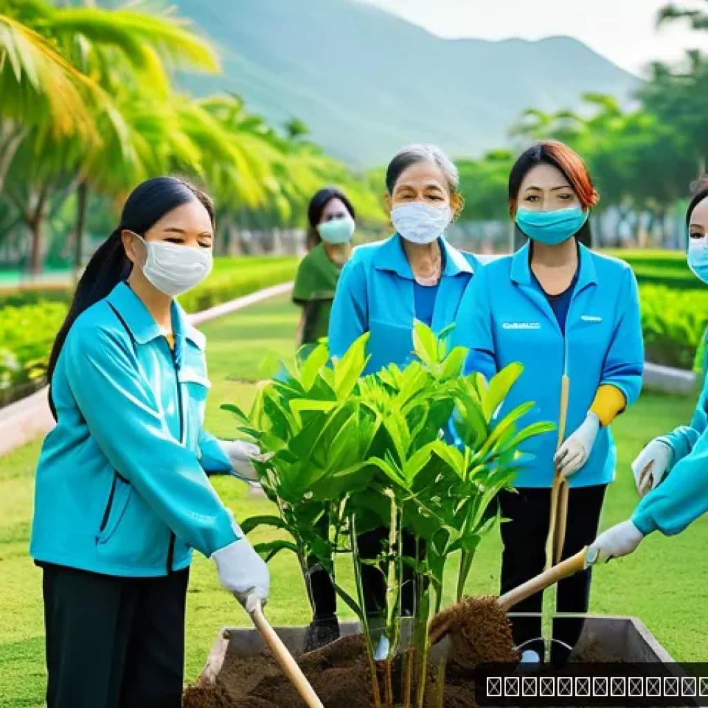 집단지성과 주민 참여의 중요성 - A vibrant Vietnamese community environmental group planting trees in a lush public park in Da Nang, ...
