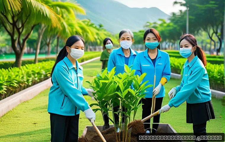 집단지성과 주민 참여의 중요성 - A vibrant Vietnamese community environmental group planting trees in a lush public park in Da Nang, ...