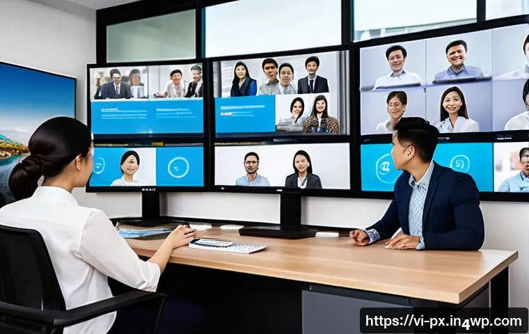 집단지성의 글로벌 사례 분석 - A modern Vietnamese office environment showing a diverse team of professionals collaborating around ...
