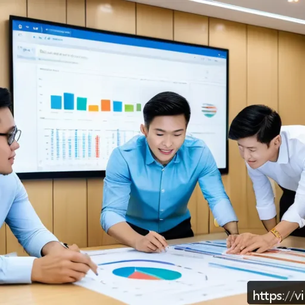 집단지성을 통한 성과 측정 방법 - A modern Vietnamese office environment showing a diverse team of professionals collaborating around ...