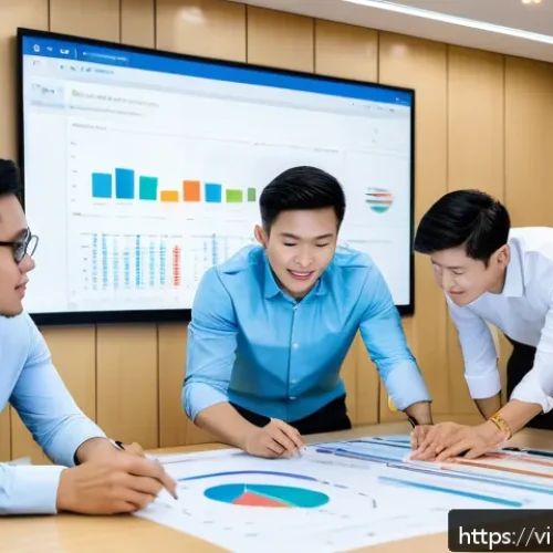 집단지성을 통한 성과 측정 방법 - A modern Vietnamese office environment showing a diverse team of professionals collaborating around ...