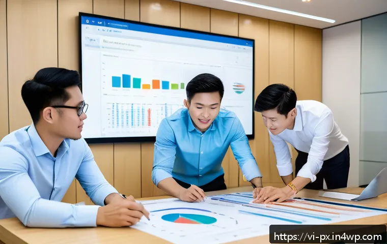 집단지성을 통한 성과 측정 방법 - A modern Vietnamese office environment showing a diverse team of professionals collaborating around ...