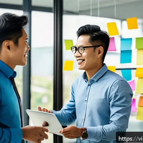 집단지성을 통한 창의적 문제 해결 - A diverse professional team engaged in a dynamic brainstorming session in a modern Vietnamese office...