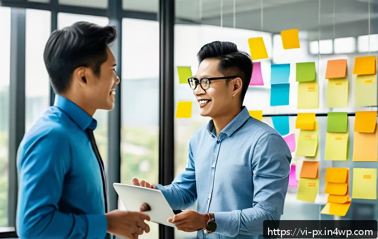 집단지성을 통한 창의적 문제 해결 - A diverse professional team engaged in a dynamic brainstorming session in a modern Vietnamese office...