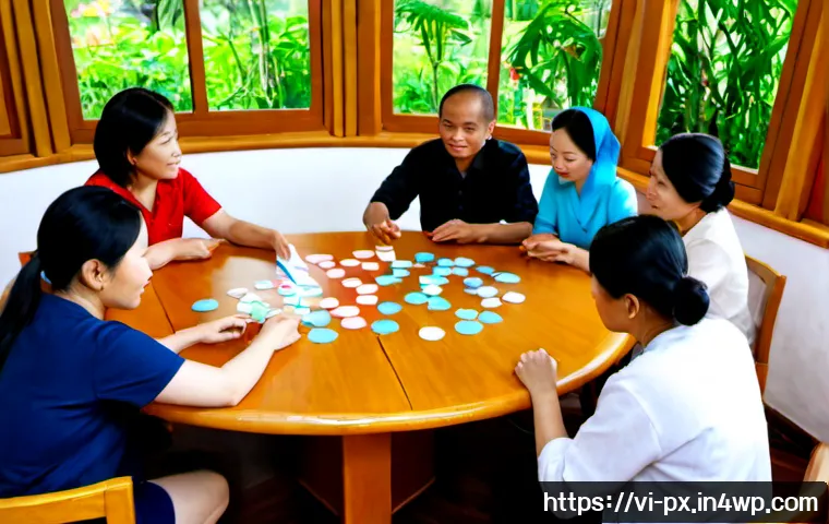 Home 17 집단지성이란 무엇인가 기초 개념 설명 - Photorealistic scene of a diverse Vietnamese community group seated around a round wooden table in a...